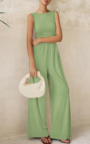 PRETTYGARDEN One Piece Jumpsuits for Women Dressy Casual Sleeveless Crewneck Wide Leg Rompers Jumpers Vacation Summer Spring Outfits(Light Green, S) — view 3