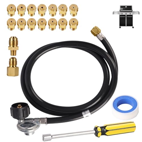 Natural Gas to Propane Conversion Kit for Weber Genesis I/II E/S-210 310 330 410 610,SX/EX/SE-210/310/315,Spirit II 210/310/315,5FT Propane Regulator Hose with 14 LP Orifices (3 Sizes) & 3/8