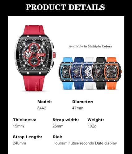 PASOY Luxury Chronograph Watches for Mens Rubber Strap Black Waterproof Date Analog Quartz Watch