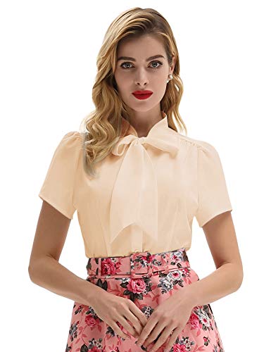 Image of Belle Poque Summer Short Sleeve Office Button Down Blouse Stripe Shirt Tops with Bow Tie BP573
