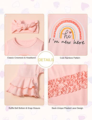 Agapeng Baby Girl Clothes Newborn Girl Clothes Hi I'm New Here Romper Ruffle Rainbow Onesie Flare Bell Bottom Jumpsuit Fall Winter Outfits Newborn Girl Outfits Pink With Headband Hat #TOP4