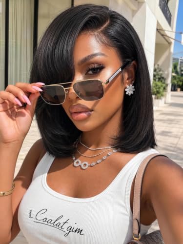 Image of KLAIYI Layered Side Bangs Bob Straight Precut 6x4 Lace Wigs Human Hair 12 inch