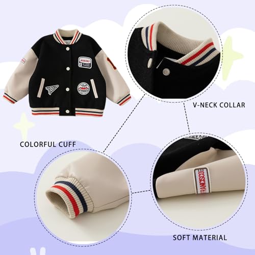 Kids Boys Girls Varsity Bomber Jacket, Toddler Letterman Lightweight Coat, Leather Sleeve Vintage Outerwear 2-7T3