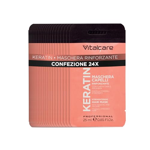 Vitalcare | Keratin - Mascarilla capilar fortalecedora, para cabellos frágiles y estresados, con queratina y arginina, para un cabello más fuerte y suave, 24 sobres de 25 ml
