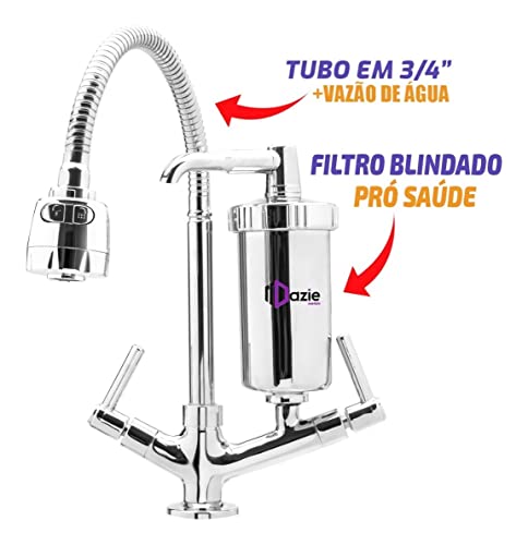 Torneira Com Filtro Gourmet Cozinha Bancada 1/4 Volta Flexível + 02 Refil Extra