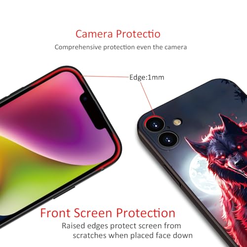 Printed with Wolf for iPhone 16 case, Under The Full Moon, The Wolf King with Untamed Power and Radiating Red Eyes - Silicone Shockproof Case (A1-Wolfs-Animal)