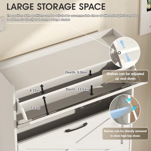 Image of Maupvit Shoe Storage Cabinet with 3 Flip Drawers, Freestanding Organizer with Metal Legs for Entryway, Narrow Shoe Rack Cabinet, White