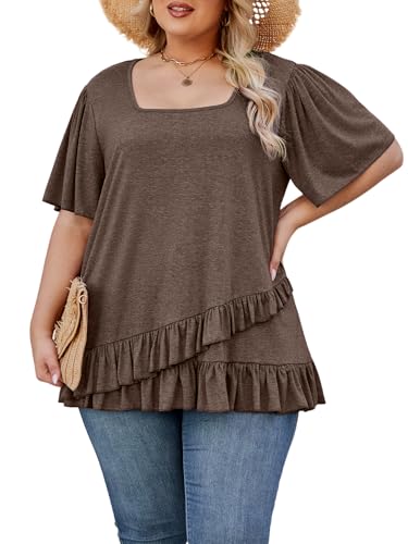 Womens Plus Size Tops Dressy Casual Blouses Square Neck Ruffle Hem Tunic Summer Going Out Shirts Short Sleeve 2025