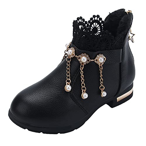 Girls Shoes Ankle Boots Fashion Non-Slip Breathable Leather Boots Shoes for Baby Girls (Black, 9.5-10 Years Big Kids)