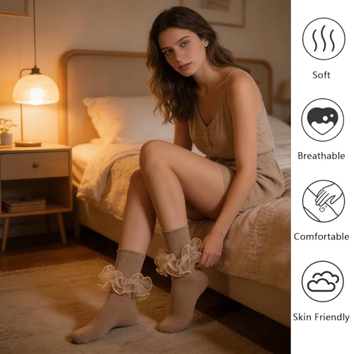 Image of Women Big Ruffle Ankle Socks Adult Double Lace Frilly Socks Fold Cuff Cotton Ruffled Dress Crew Bobby Bride Sock