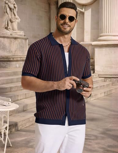 Image of COOFANDY Mens Knit Button Down Shirts Short Sleeve Polo Shirt Vintage Striped Casual Shirts