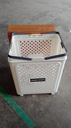 Image of Large Foldable Laundry Basket with Wheels | White Plastic Rolling Laundry Hamper | Ventilated Airflow Design | Space Saving Collapsible Storage Basket with Handles | 47 x 37 x 8 cm