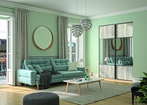 2 portes de placard coulissantes, hauteur 250 cm, largeur totale 180 cm, décor pin nordique, partitionné miroir argent, profils et rails gris inclus