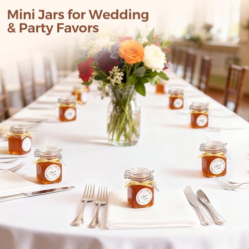 Image of ComSaf Square Glass Spice Jars 4 oz 12 Pack with Labels and Funnel Set | Airtight clamp lids, sixteen labels, compact jars, a full collection of dried herbs, spices, seeds, seasonings, jam and tea