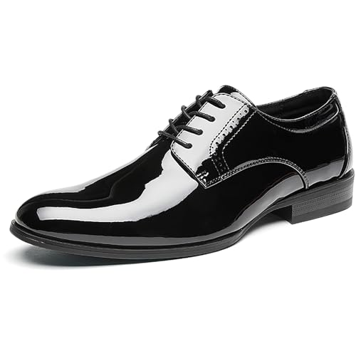 QAXZESA Briljant lackläder Oxford brogue klänning skor för män, spetsig tå, Derby Formell snörning för bröllop, bal, affärer och kontor, svart, 45