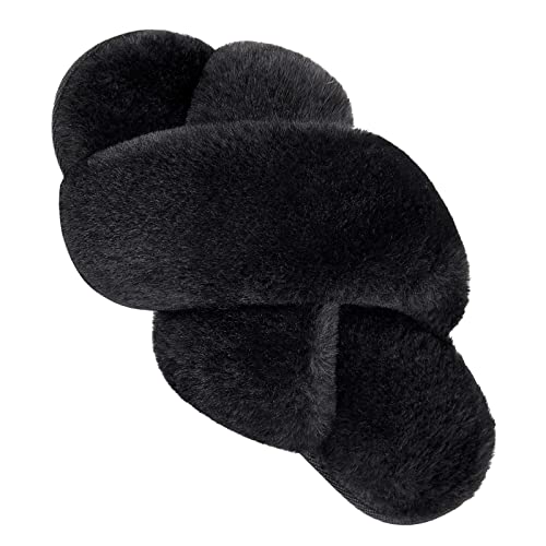 VONMAY Women's Fuzzy Slippers Cross Band Faux Fur Open Toe House Shoes - image 1