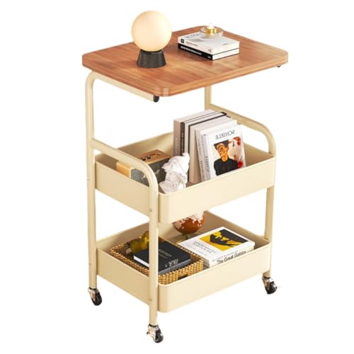 haoyunjianjiak サイドテーブル サイドワゴン キャスター付き 360度の回転 ソファテーブル 物置棚 多機能収納カート 可動式テーブル 二層式 収納ラック ベッドルーム キッチン 書斎 リビングルーム (ダブルバスケットサイドテーブル (クリ