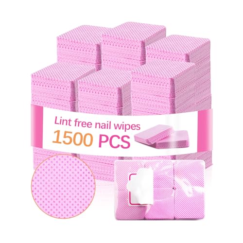1500Pcs Lint Free Nail Wipes, Pink No Lint Nail Wipes for Gel Nails Lint Free Polish Remover Wipe Eyelash Extensions Glue Nails Cleaning Pads Supplies