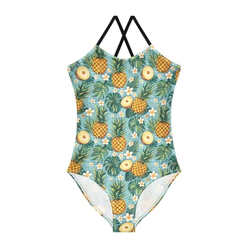 senya Girls Swimsuits One-Piece Swimwear Tie Bathing Suit Beach Summer Round Neck 5-6T Blue Pineapples Tropical Leaves