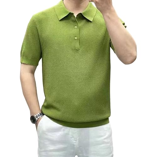 Men Solid Ice Silk Casual Knitted T Shirts Simple Lapel Daily Pullover Tops Summer Trendy Quarter Button Polo Shirt (Green,XX-Large)
