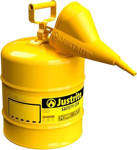 Image of Justrite 5 Gallon Type I Yellow Safety Can for Diesel with Flame Arrester, Self-Closing Lid, and Funnel, Made in the USA, Galvanized Steel Flammable Storage Can, 7150210