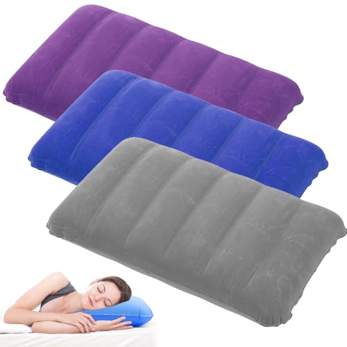 LoNinLoAn 3Pcs Inflatable Pillows for Camping, Soft Flocked Blow Up Cushion, Waterproof Portable Pillow, 47x30cm Air Pillow for Camping Vacation Beach and Travel (Blue, Purple and Grey)