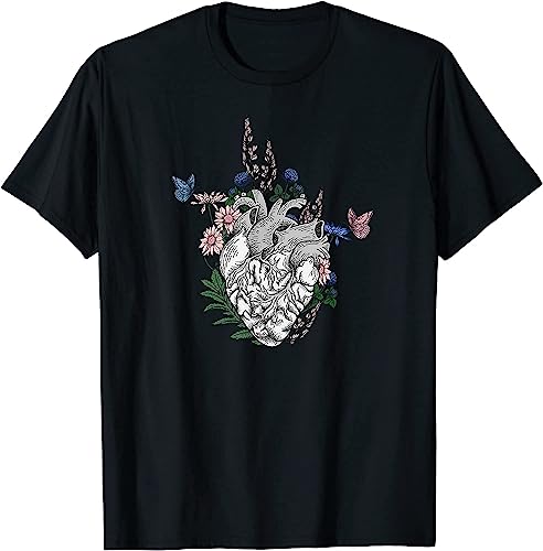 JANGJWEE Funny Human Heart Anatomy Anatomical Heart Floral Flower T-Shirt Black T-Shirts à Manches Courtes(Large)