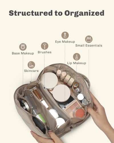 Image of Hynes Eagle Travel Makeup Bag for Women Puffy Cosmetic Organizer Pouch Open Flat Toiletry Bag for Toiletries Brushes Structured Base Classic Camel