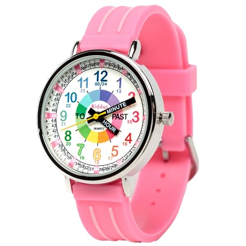 Kiddus Educational Kids Watch for Children Boys and Girls. Analogue Time Teacher Wristwatch with Exercises. Handles Pink