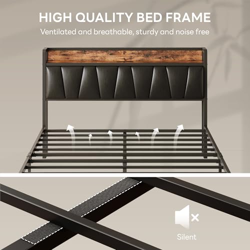 LIKIMIO Full XL Bed Frame, Storage Headboard with Charging Station, Solid and Stable, Noise Free, No Box Spring Needed, Easy Assembly(Vintage and Black)