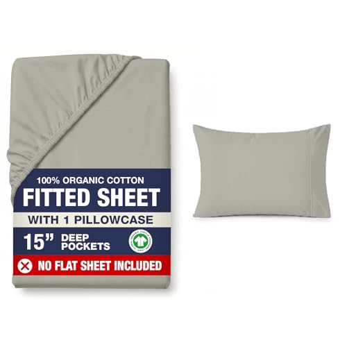 Image of LANE LINEN 100% Organic Cotton Twin Fitted Sheets, 2-Piece Set (1 Fitted Sheet, 1 Pillowcase), Percale Weave, Lightweight, Ultra Soft, Breathable, Fits Mattress Upto 15 inch Deep - Silver (No Flat Sheet)