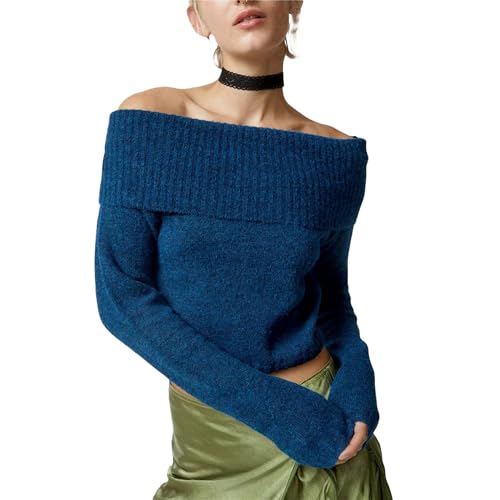 Image of Women Off The Shoulder Sweater Y2k Long Sleeve Boat Neck Knit Cropped Pullover Tops Fall Trendy Going Out Streetwear