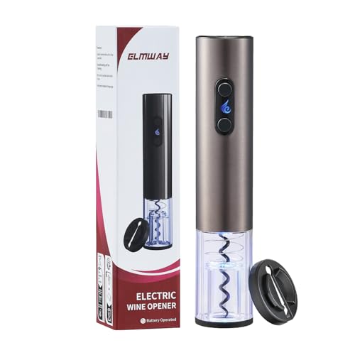 ELMWAY VinoLux Series Battery Electric Wine Opener – Electric Corkscrew, Foil Cutter, Dual LED Lights, Transparent Window & Brushed Stainless Steel Shell, 4 AA Batteries Required – Black