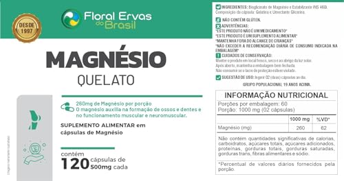 Floral Ervas do Brasil, Magnésio Quelato 500mg 120 cápsulas Glicina Bisglicinato