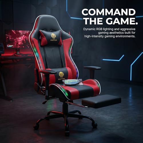 Image of Raptor Nexus RGB Gaming Chair with Bluetooth Speakers, Massage Lumbar Support & Footrest | Ergonomic Gamer Chair with LED Lights | Recliner Computer Gaming Chair for PC, Office & Streaming (Red)