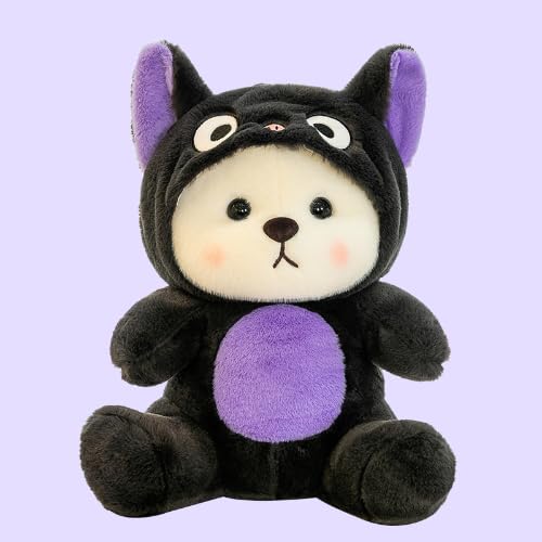 Image of Y U COLLECTION Plush Bear in Black Cat Hoodie Costume, 40 cm, Soft Stuffed Animal Toy, Purple and Black