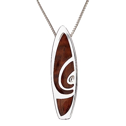 Aloha Jewelry Company 925 Sterling Silver Natural Koa Wood Hawaiian Surfboard Necklace Pendant, Nickel Free Hypoallergenic for Sensitive Skin, Heirloom Scroll Hibiscus Flower Wave, with 18