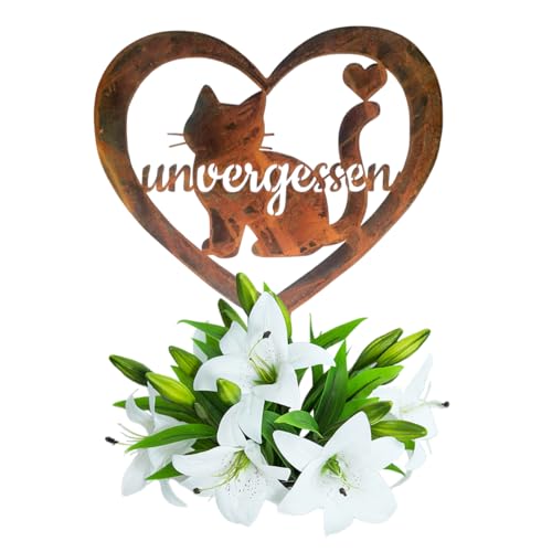 Grabschmuck Herz Wetterfest,Vorgerostete Grabdekoration Katze,35cm Haustier Fellnase