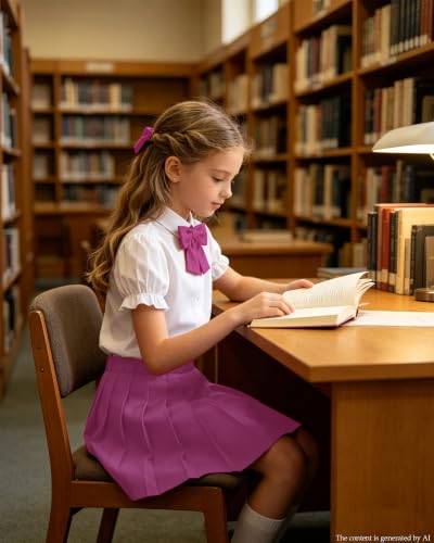Image of Betusline Girls Skirt Set JK School Uniform 2-Piece Outfit - Short Sleeve Shirt with Bow & Pleated Skirt 4T-14Y