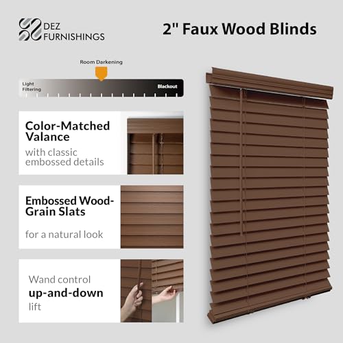 DEZ Furnishings QJBK224480 Cordless 2 Inch Faux Wood Blind, Certified Child Safe, Dark Oak, 22.5W x 48L Inches