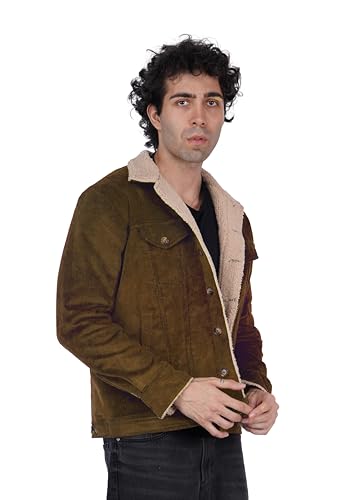 Image of Men's Sherpa Lined Corduroy Jacket | Warm Winter Jacket with Fur Collar & Cuffs | Soft Fleece Lining, Multiple Pockets - Brown, Olive Green, Chocolate Brown