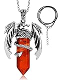 Abitoncc Silver Dragon Pendant Necklace with Hexagonal Crystal and Retro Gemstone Point - Natural Crystal Dragon Jewelry for Men and Women (Red Quartz)