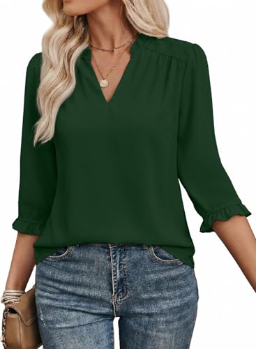 EVALESS Blouses for Women Dressy Casual V Neck 3/4 Length Sleeve Business Work Office Tops 2026 Spring Summer Fashion Clothes Blackish Green M