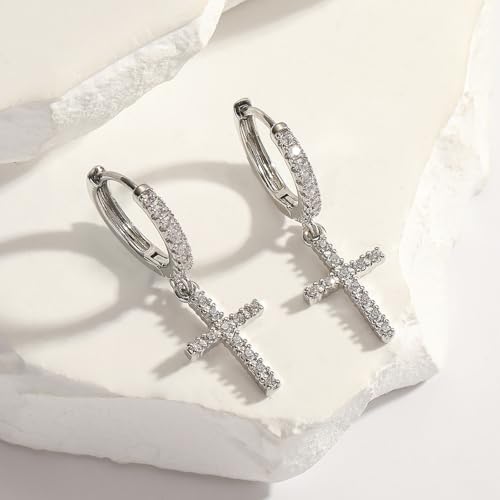 925 Sterling Silber Creolen Ohrringe mit Kreuz Anhänger, Funkelnde CZ Tropfen Ohrringe für Damen Herren, Hypoallergen Kleine Schlafen Knorpel Ohrringe Schmuck Geschenk
