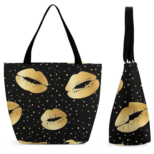 Sac à main pour femme Lèvres Dorées grand cabas de shopping et voyage