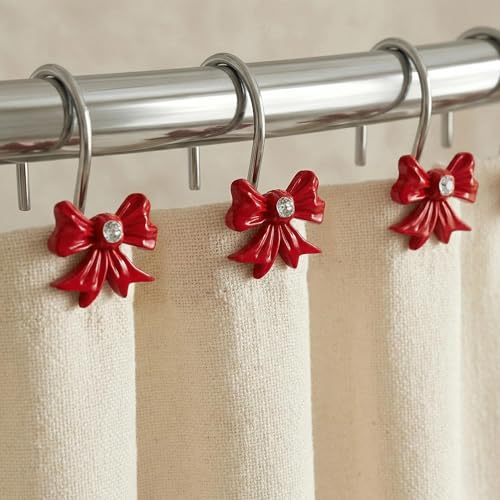 Red Christmas Shower Curtain Hooks: 12 Pcs Cute Bow Knot Shaped Rustproof Stainless Steel Decorative Shower Rings for Xmas Winter Holiday Bathroom Dcor - Chic Bathroom Girls Women Accessories