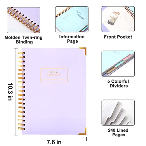 Hardcover Spiral Notebook With Tabs 8"X10" Large Spiral Lined Journals For Women With Dividers 240 Pages College Ruled Composition Notebook 5 Subject Notebooks For Work, Back To School, Gifts, Purple #TOP2