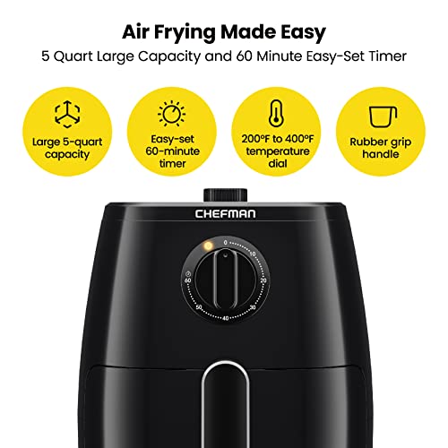 Chefman TurboFry 5-Quart Air Fryer, Dishwasher Safe Basket & Tray, Use Little to No Oil For Healthy Food, 60 Minute Timer, Fry Healthier Meals Fast, Heat And Power Indicator Light, Temp Control, Black - Image 3