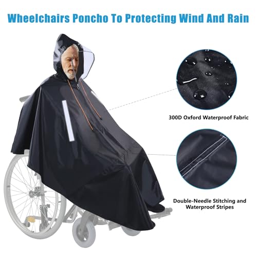Poncho de chuva para cadeira de rodas, cobertura total para adultos, com capuz semitransparente e zí