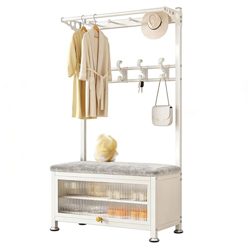 Image of GCXNSKDQN Hall tree with bench,Metal Frame modern hall tree, 3-in-1 Freestanding Coat Rack,for for Bedroom, Hallway, Entrance, Office(White,Medium)